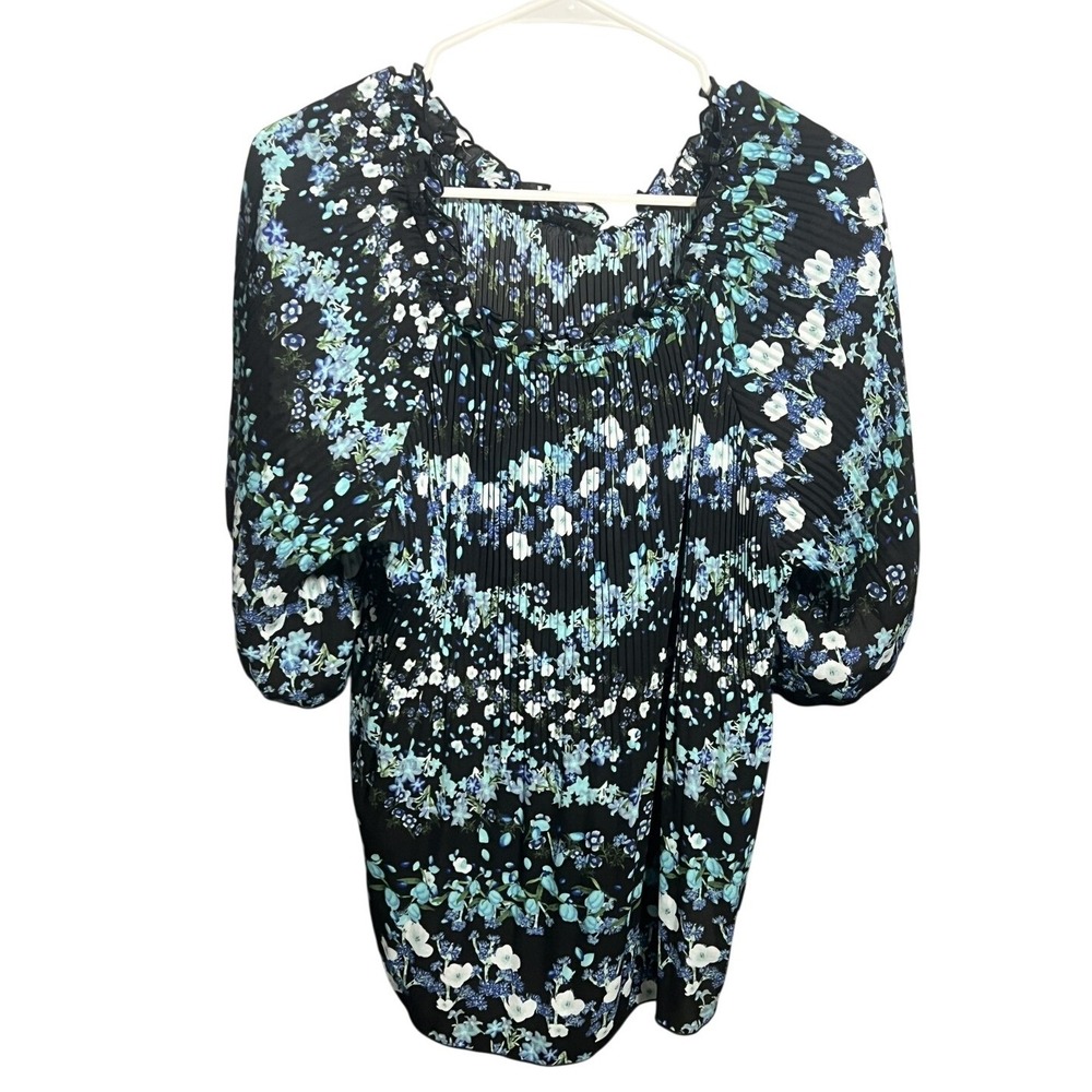 Chic Women's Floral Pleated Blouse Black Blue White Ruffle Neck 3/4 Sleeve Top